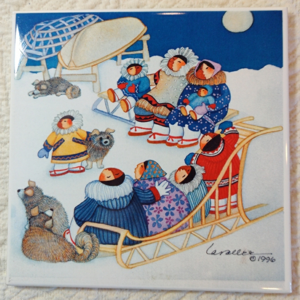 Vintage Barbara Lavallee Ceramic Tile Trivet Wall Hanging Eskimo Dog Sled 1996